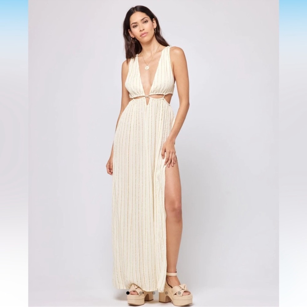 L *Space Cream and Gold Striped Maxi Dress with Cut-Out Details